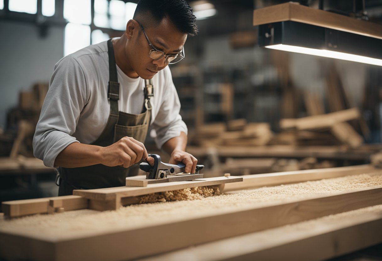 A carpenter meticulously crafting custom furniture in a Singapore workshop. Saws, chisels, and wood shavings create a symphony of craftsmanship