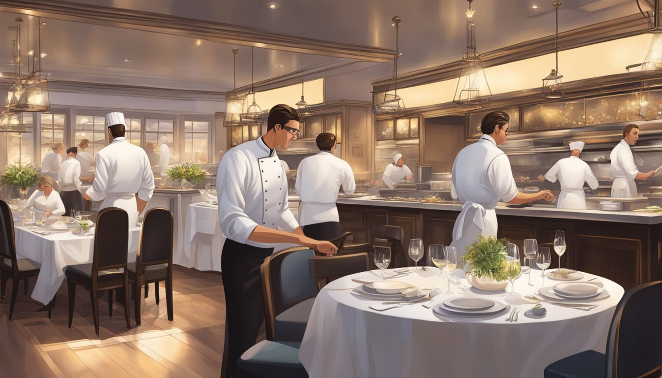 A bustling restaurant with elegant decor, dim lighting, and tables set with fine linens and sparkling glassware. A chef in a pristine white uniform is visible through the open kitchen, creating tantalizing dishes