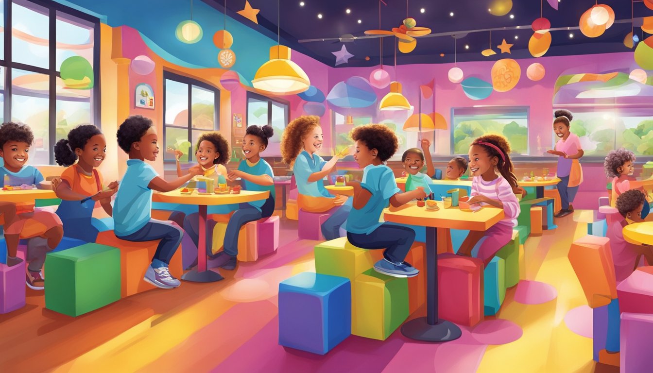 Children playing games and enjoying interactive entertainment at a colorful and vibrant kids' restaurant