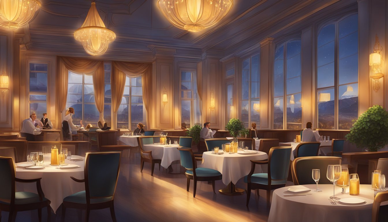 The elegant restaurant glows with warm lighting, soft music fills the air, and attentive staff move gracefully between tables