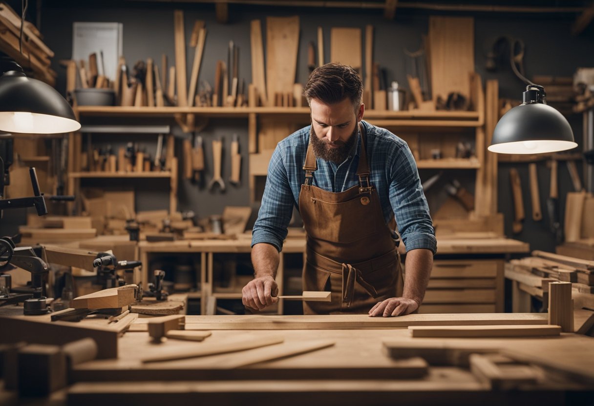A carpenter stands in a workshop, surrounded by various tools and wood materials. They carefully measure and cut wood, creating custom pieces for a client