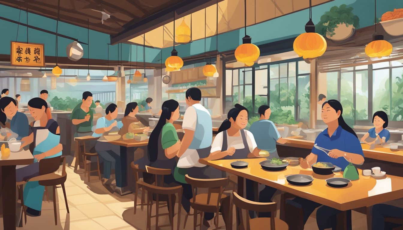 Customers enjoy a bustling atmosphere at Kok Sen Restaurant, with steaming woks and sizzling pans in the open kitchen. Tables are filled with delicious dishes, creating a vibrant and lively scene