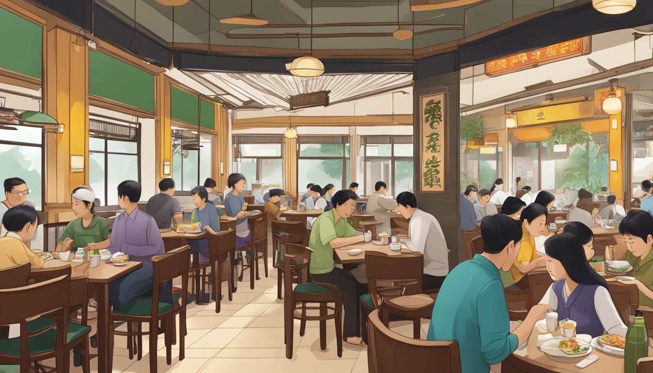 The bustling interior of Kok Seng Restaurant, with patrons chatting and enjoying their meals while staff members attend to tables and take orders