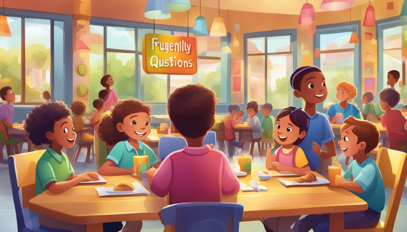 A group of children eagerly approach a colorful sign that reads "Frequently Asked Questions" in a lively and inviting kids' restaurant setting