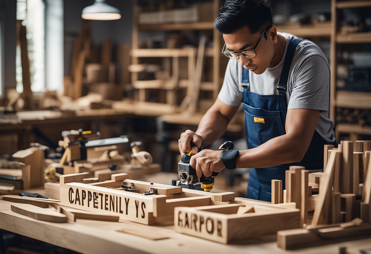 A carpenter working on a custom wood project in a workshop, surrounded by various tools and materials, with a sign reading "Frequently Asked Questions custom carpentry singapore" displayed prominently