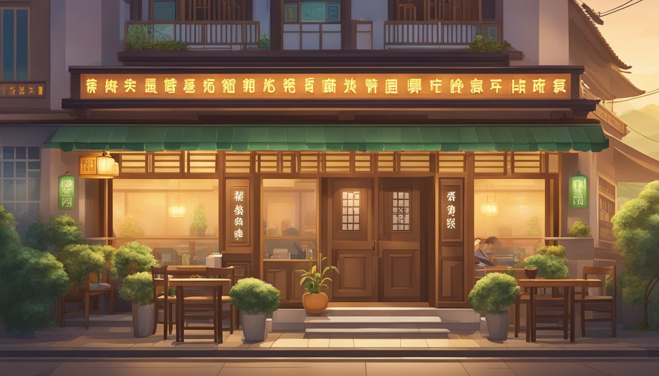 Customers entering Miao Yi vegetarian restaurant, greeted by warm lighting and a cozy atmosphere. A large sign with the restaurant's name hangs above the entrance
