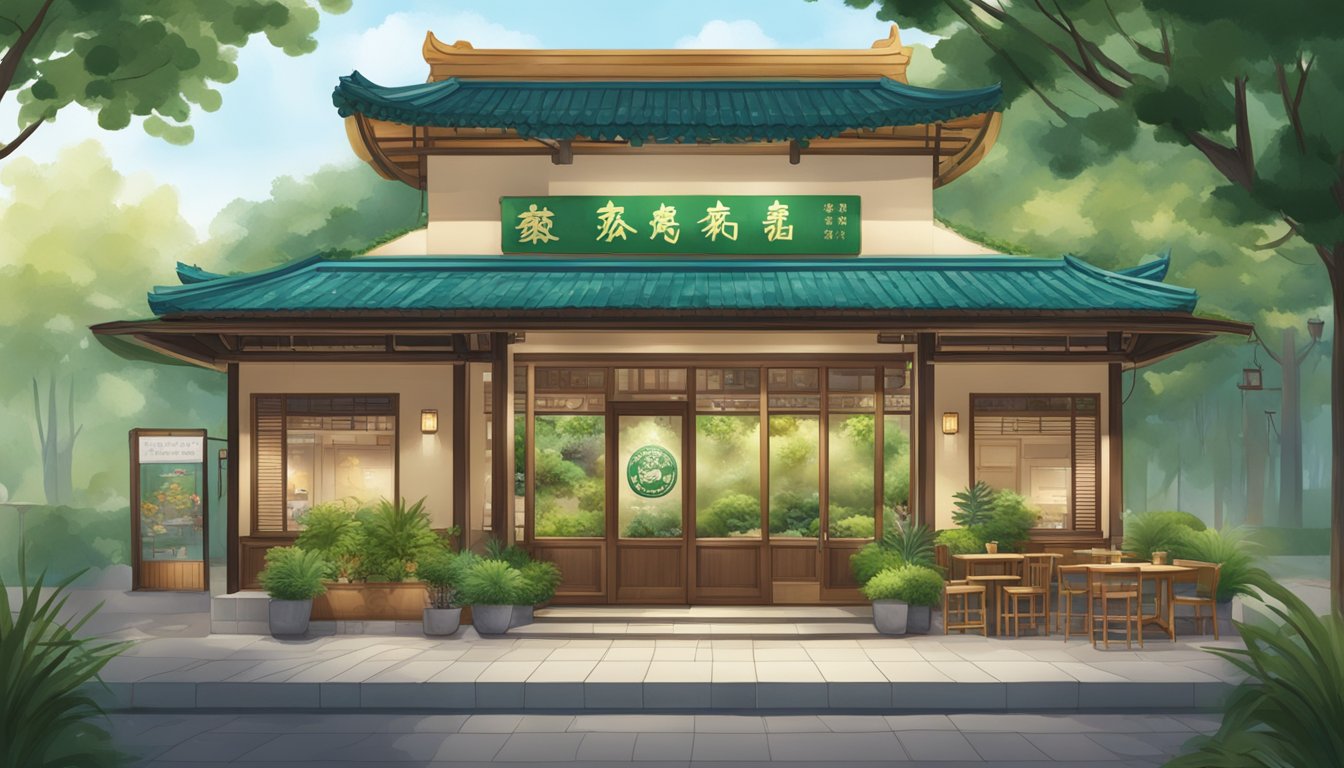 The exterior of Miao Yi Vegetarian Restaurant, with a sign and outdoor seating, surrounded by greenery and a peaceful atmosphere