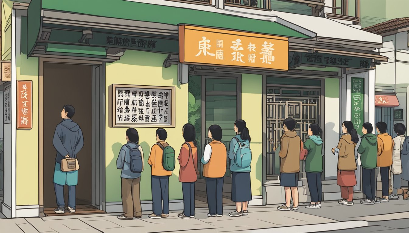 Customers line up outside Miao Yi Vegetarian Restaurant, eagerly waiting to enter. The sign above the entrance reads "Frequently Asked Questions" in bold, inviting lettering