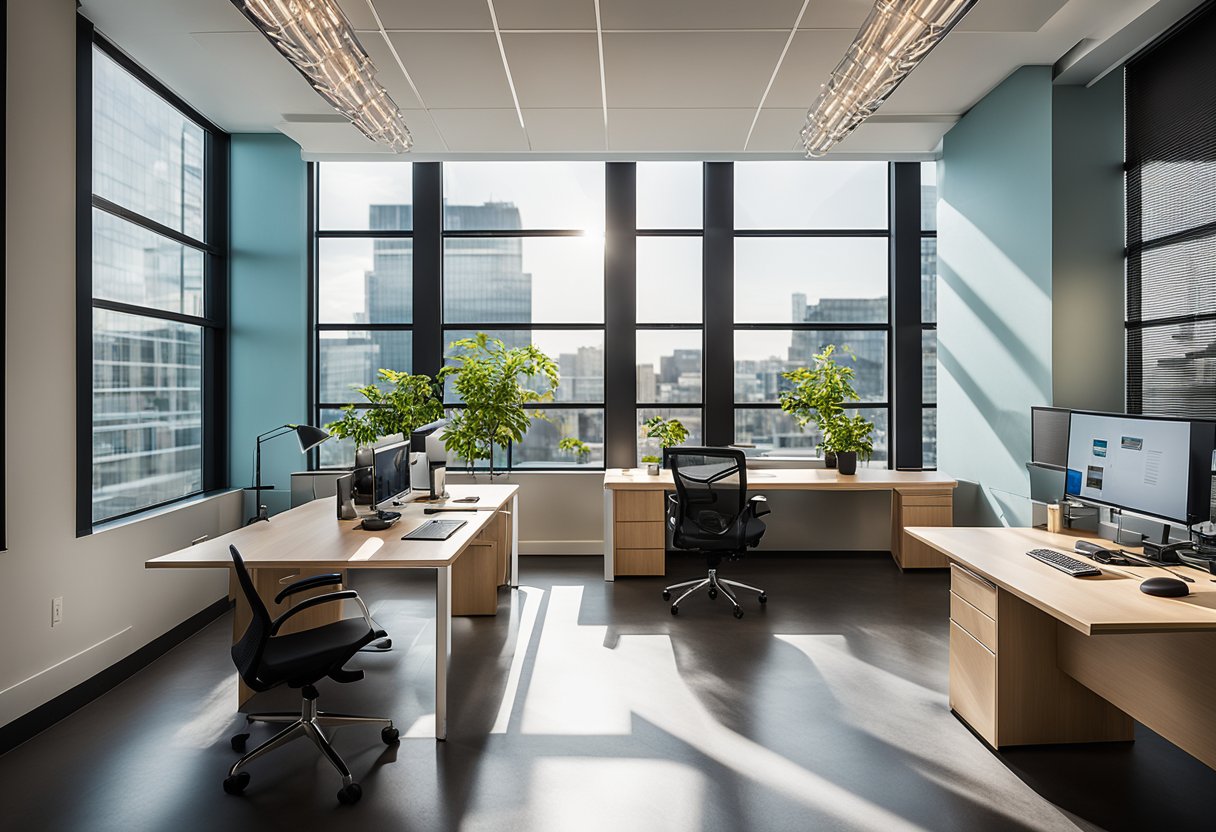 The office features sleek furniture, modern lighting, and pops of color. A large window allows natural light to fill the space, creating a bright and inviting atmosphere