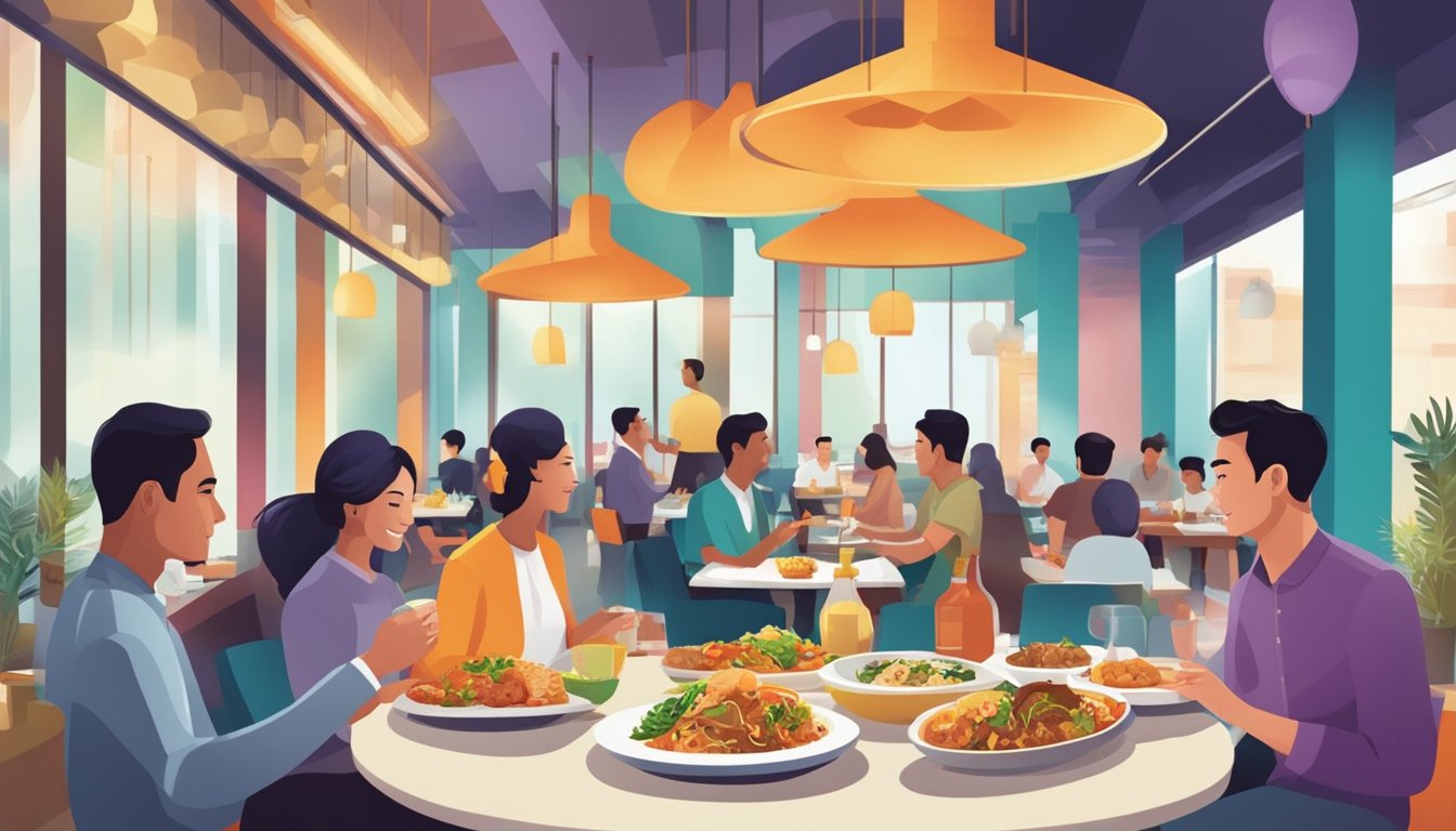 Customers enjoying a variety of halal dishes in a modern, vibrant Singaporean restaurant