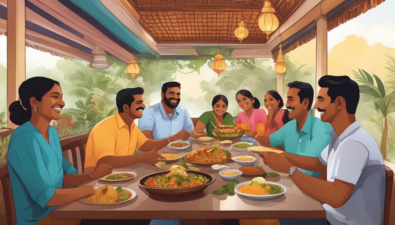 Customers smiling, enjoying authentic Chettinad cuisine at Anjappar restaurant in Singapore. Vibrant atmosphere, delicious aromas, and satisfied diners