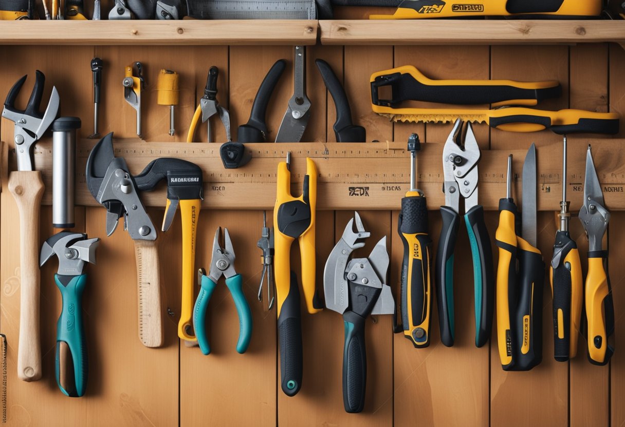 A tool belt hanging on a wooden workbench, filled with various carpentry tools such as hammers, screwdrivers, pliers, and measuring tape