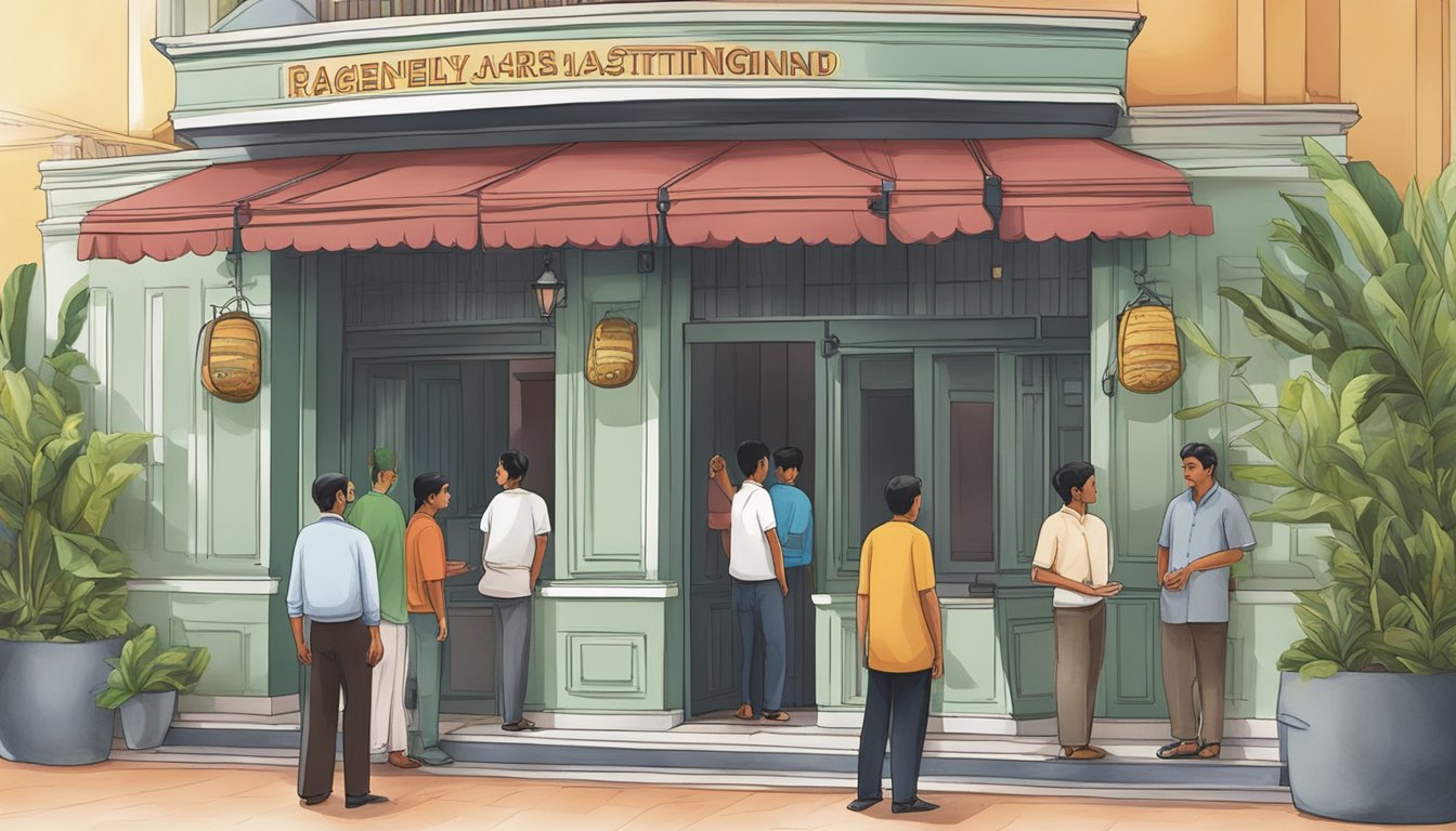 Customers line up at the entrance of Anjappar Chettinad restaurant in Singapore. A sign with "Frequently Asked Questions" is prominently displayed near the entrance