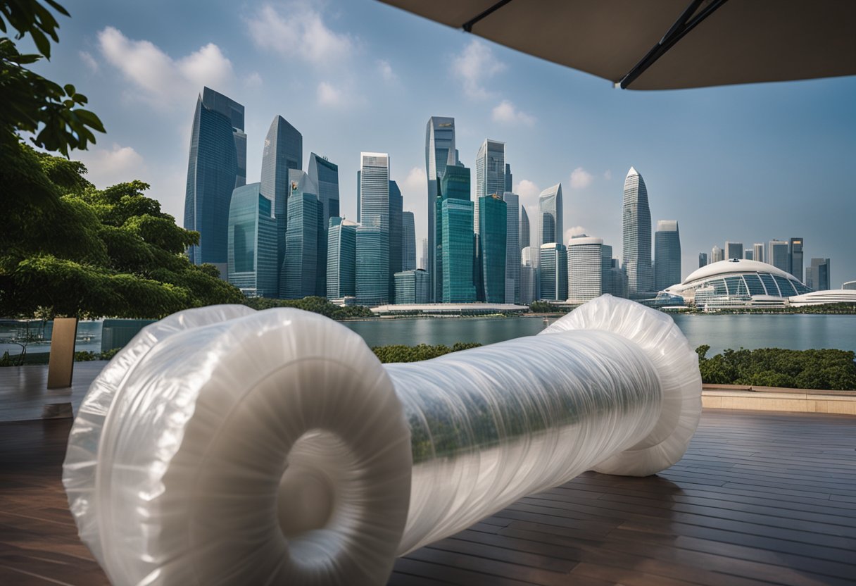Furniture wrapped in clear cling wrap, with Singapore skyline in background
