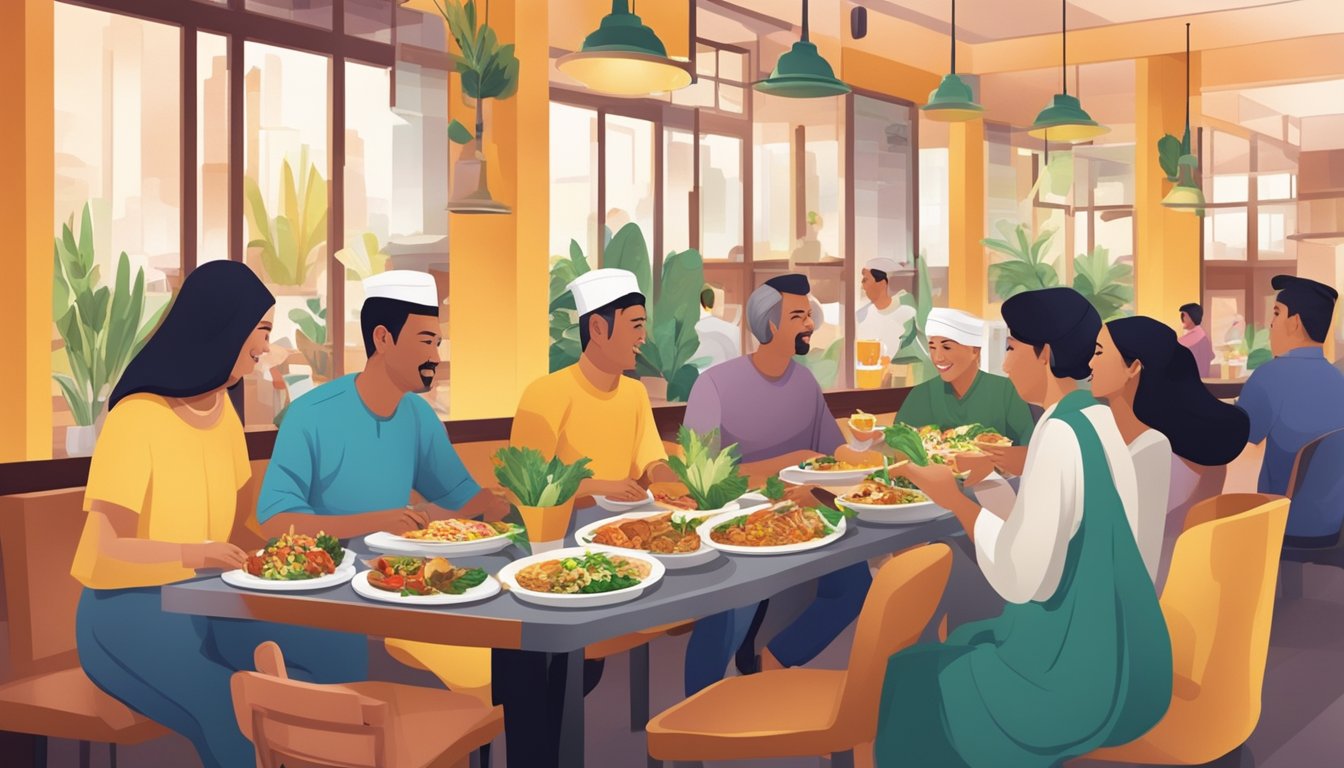Customers enjoying diverse halal dishes in a vibrant Singaporean restaurant