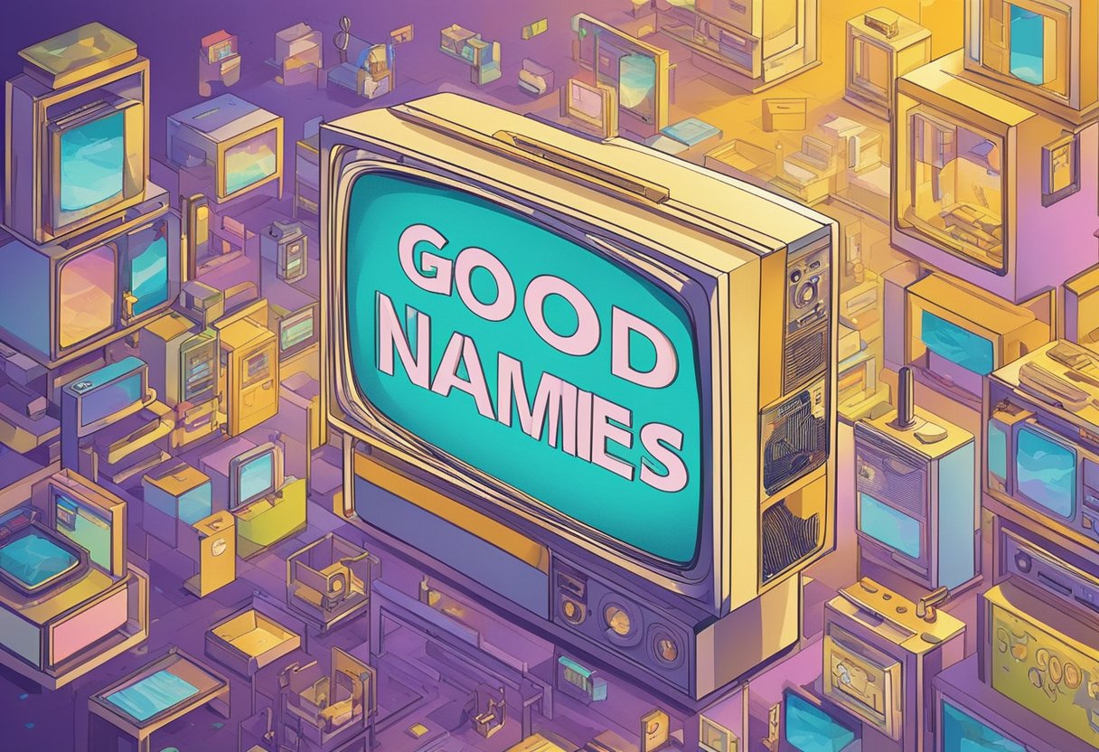 A colorful array of baby names displayed on a TV screen with the words "Good Names" above