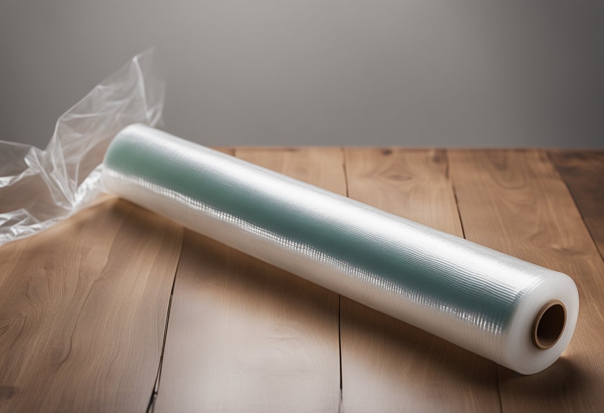 Cling wrap tightly covers a wooden table, protecting it from dust and scratches. A roll of cling wrap sits nearby