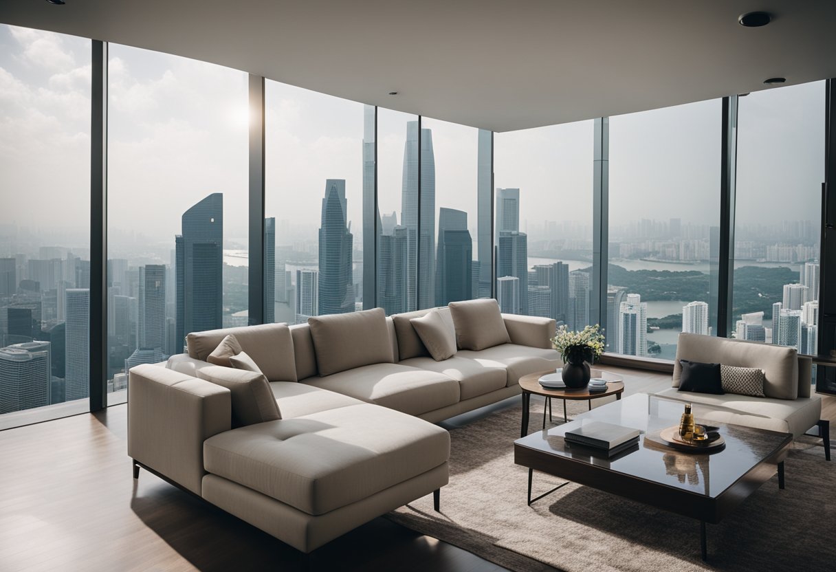 A modern living room with sleek, minimalist furniture in a high-rise apartment overlooking the city skyline of Singapore