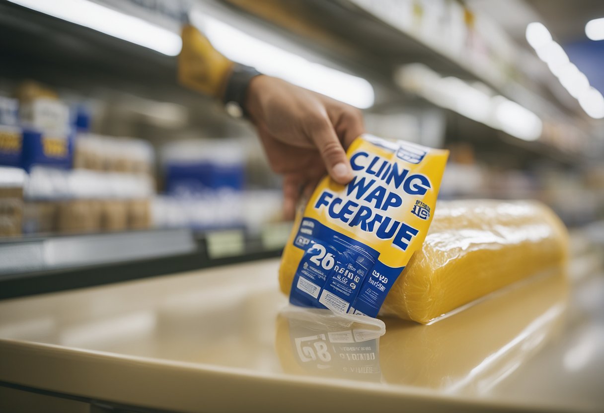 A hand reaches for a roll of cling wrap on a shelf in a Singaporean grocery store. The packaging is labeled "cling wrap for furniture" in bold lettering