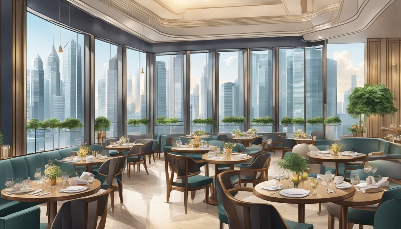 The bustling restaurant inside the iconic OCBC building, with elegant decor and panoramic city views