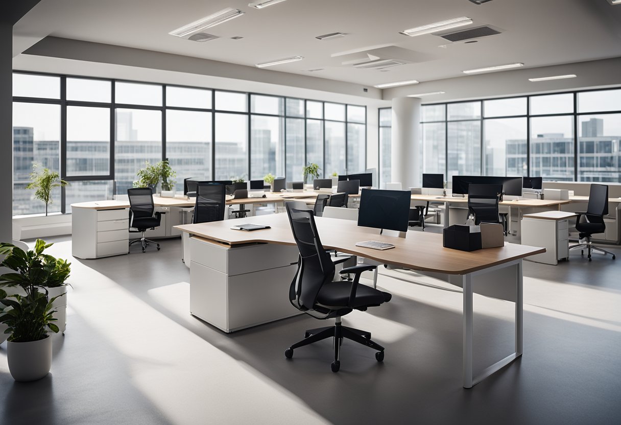 A spacious office with modular desks, ergonomic chairs, and ample natural light. A central meeting area with comfortable seating and a minimalist color scheme throughout