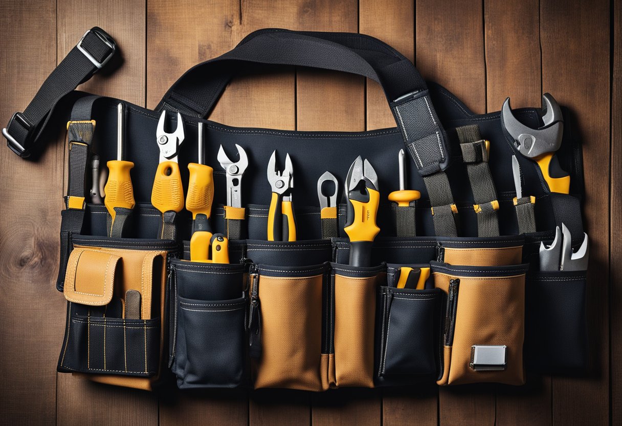 A tool belt with multiple pockets, loops, and compartments. It holds various carpentry tools such as hammers, screwdrivers, pliers, and measuring tape
