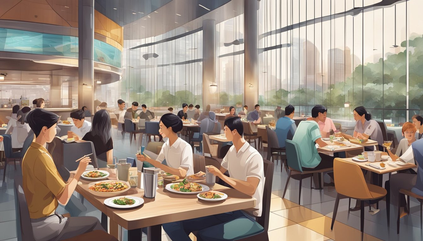 Diners enjoying a variety of cuisines at the bustling restaurants inside OCBC Centre, with a backdrop of modern architecture and city views
