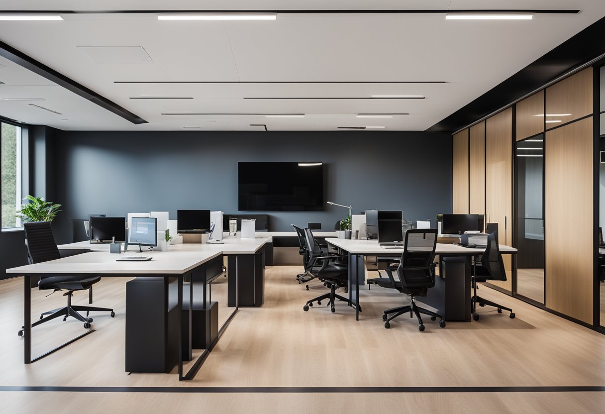 Sleek, modern office with natural light, minimalist furniture, and vibrant accent colors. Clean lines and open spaces create a calming, professional atmosphere