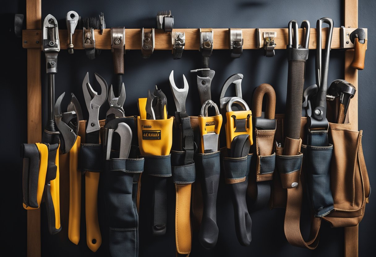 A tool belt hangs from a sturdy hook, with various pockets and loops for holding hammers, screwdrivers, and other essential carpentry tools