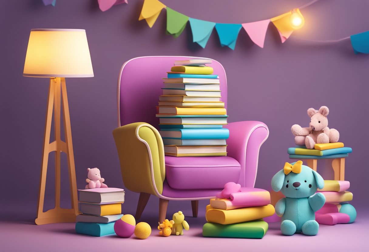 A stack of baby name books surrounded by colorful baby toys and a cozy armchair