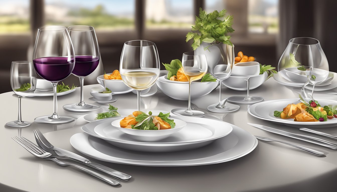 A table set with gourmet dishes, wine glasses, and elegant cutlery at Atout restaurant