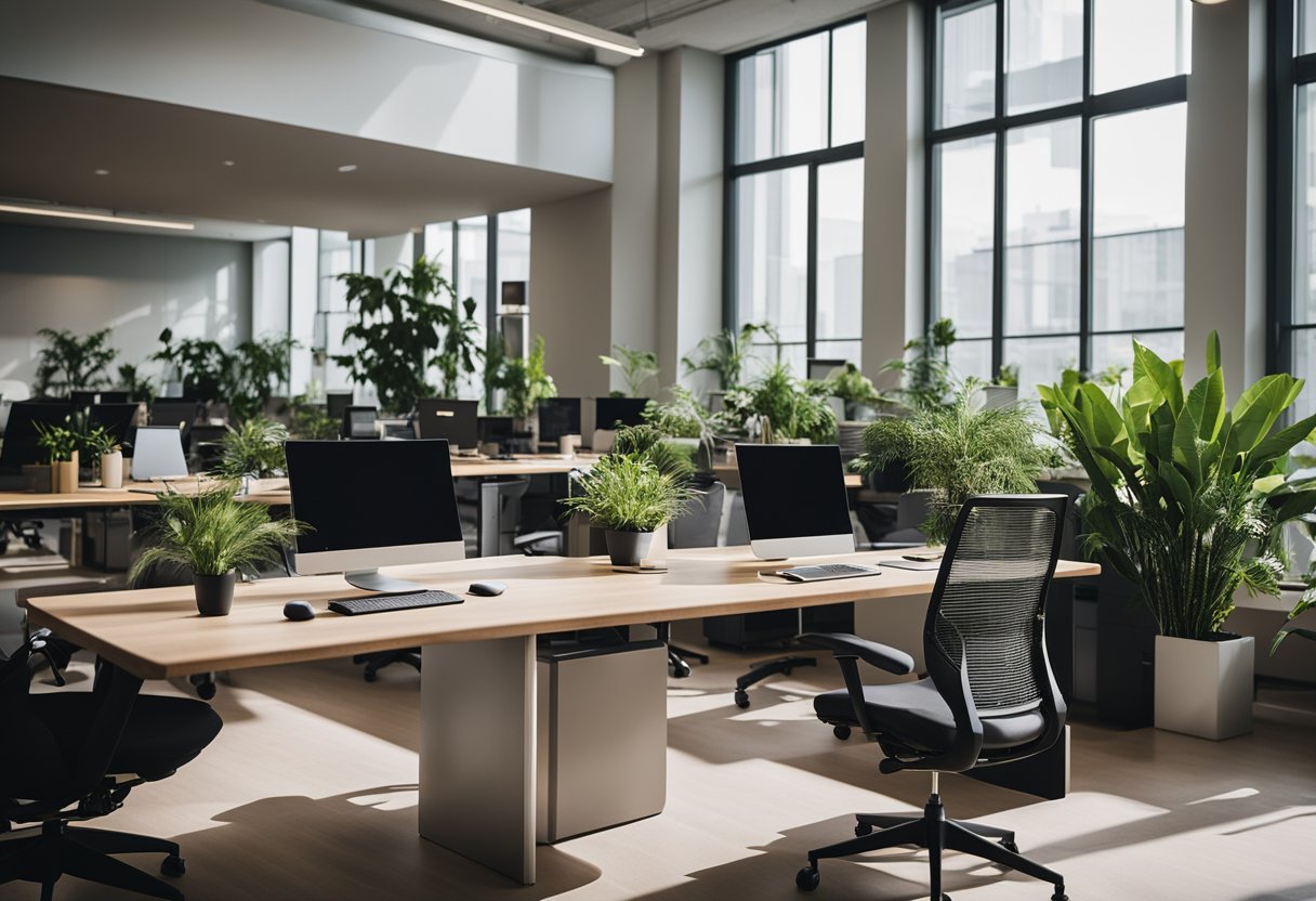 A spacious office with ergonomic chairs, adjustable desks, natural lighting, and plants for a productive and comfortable work environment