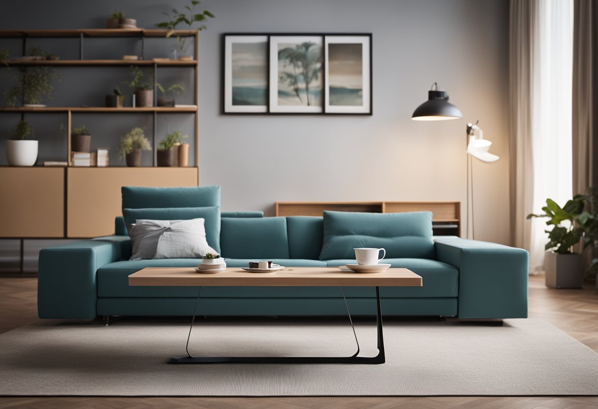 A living room with a convertible sofa that transforms into a bed, a coffee table that extends into a dining table, and a wall shelf that doubles as a desk
