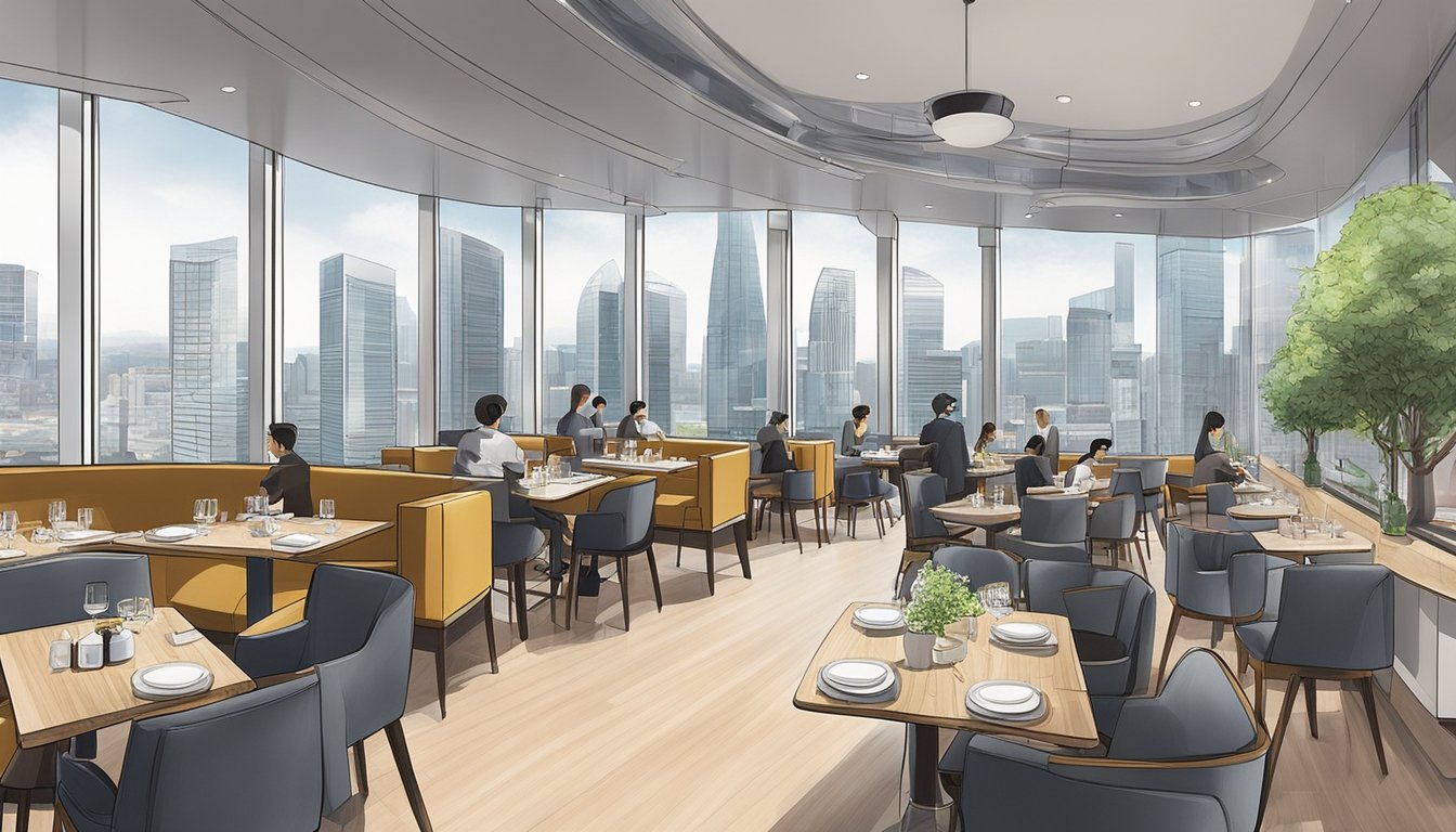 The bustling restaurant in the OCBC building features a modern interior with sleek furniture and large windows overlooking the city skyline. The open kitchen allows diners to watch the chefs at work while enjoying their meal