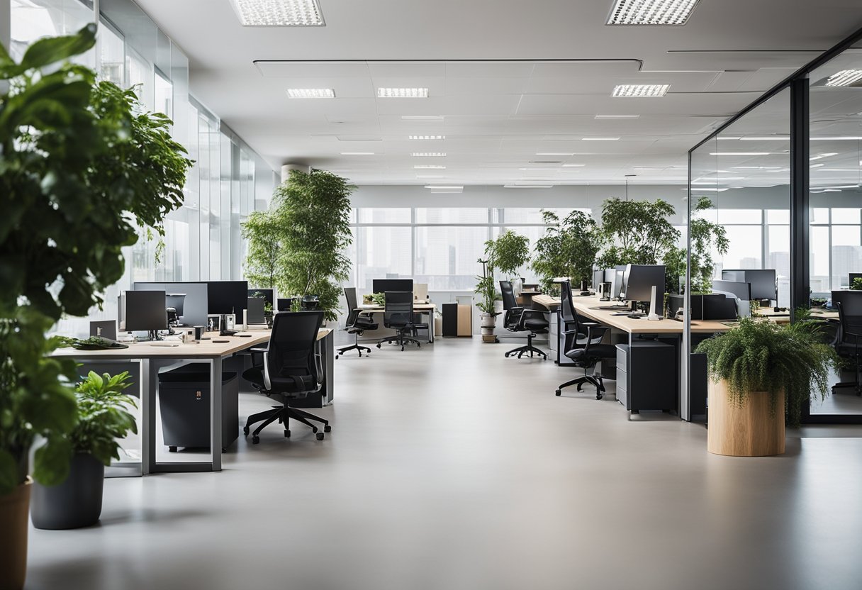 A modern office with clean lines and open spaces, featuring ergonomic furniture and natural lighting. Plants add a touch of greenery, while technology is seamlessly integrated throughout the space