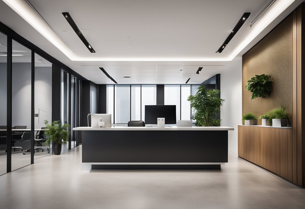 A modern office with minimalist decor, natural lighting, and sleek furniture. A sleek reception desk and a wall display of frequently asked questions