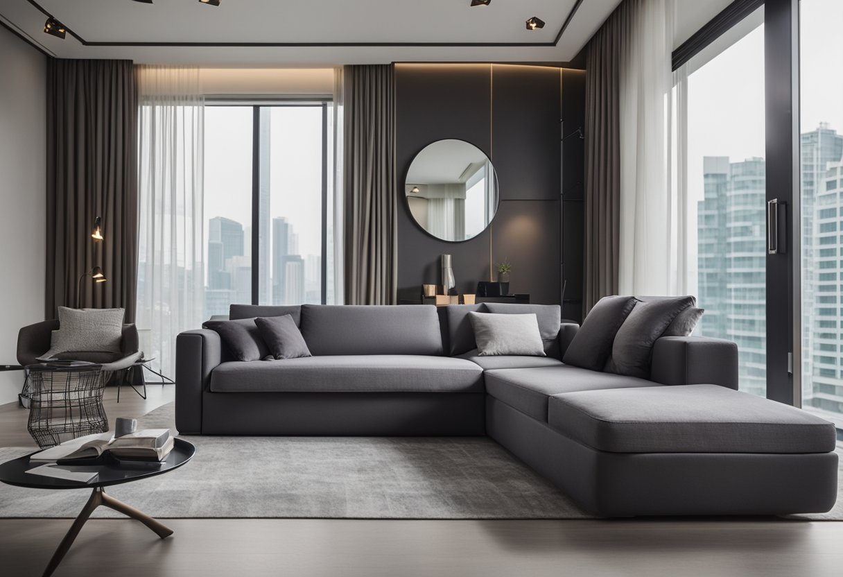 A sleek, modern living room in Singapore showcases innovative convertible furniture, with a stylish sofa seamlessly transforming into a functional bed