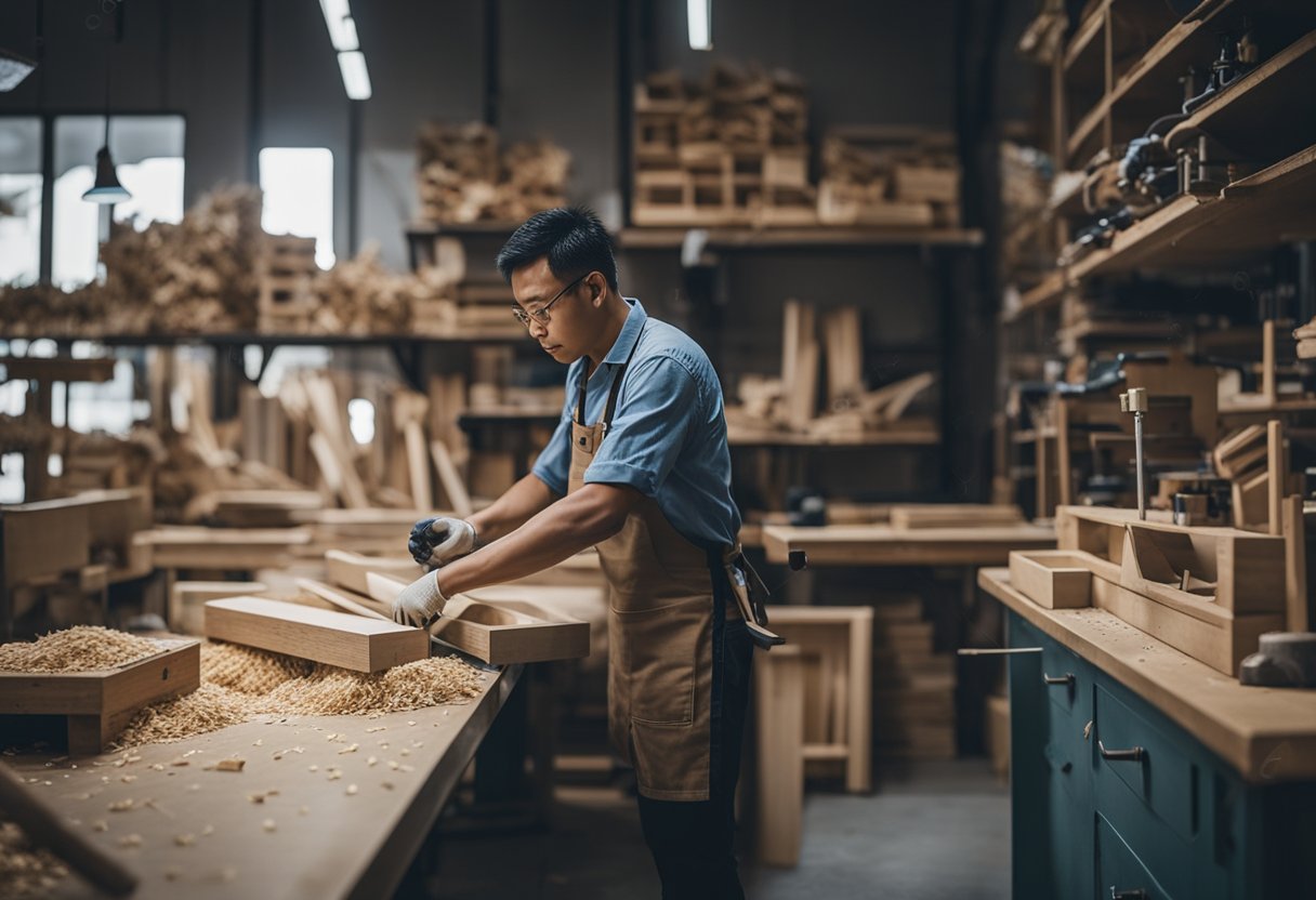 A bustling workshop with tools and wood shavings, a skilled carpenter crafting fine furniture in Singapore