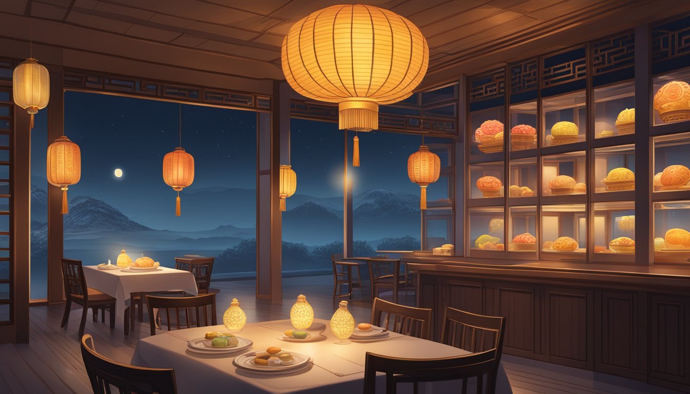The Li Bai restaurant is illuminated by the soft glow of the moon, with a display of beautifully decorated mooncakes on a table