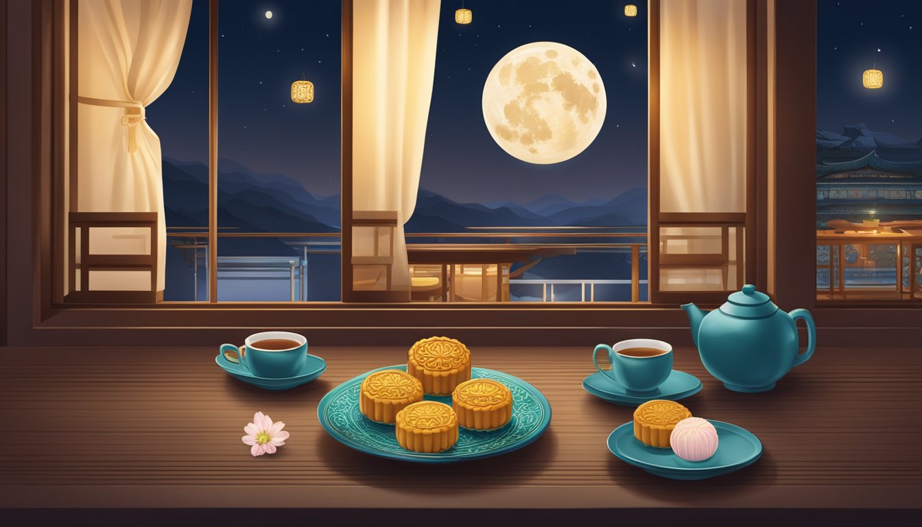 A table set with Li Bai mooncakes and tea at a restaurant, with a window showing a full moon in the night sky