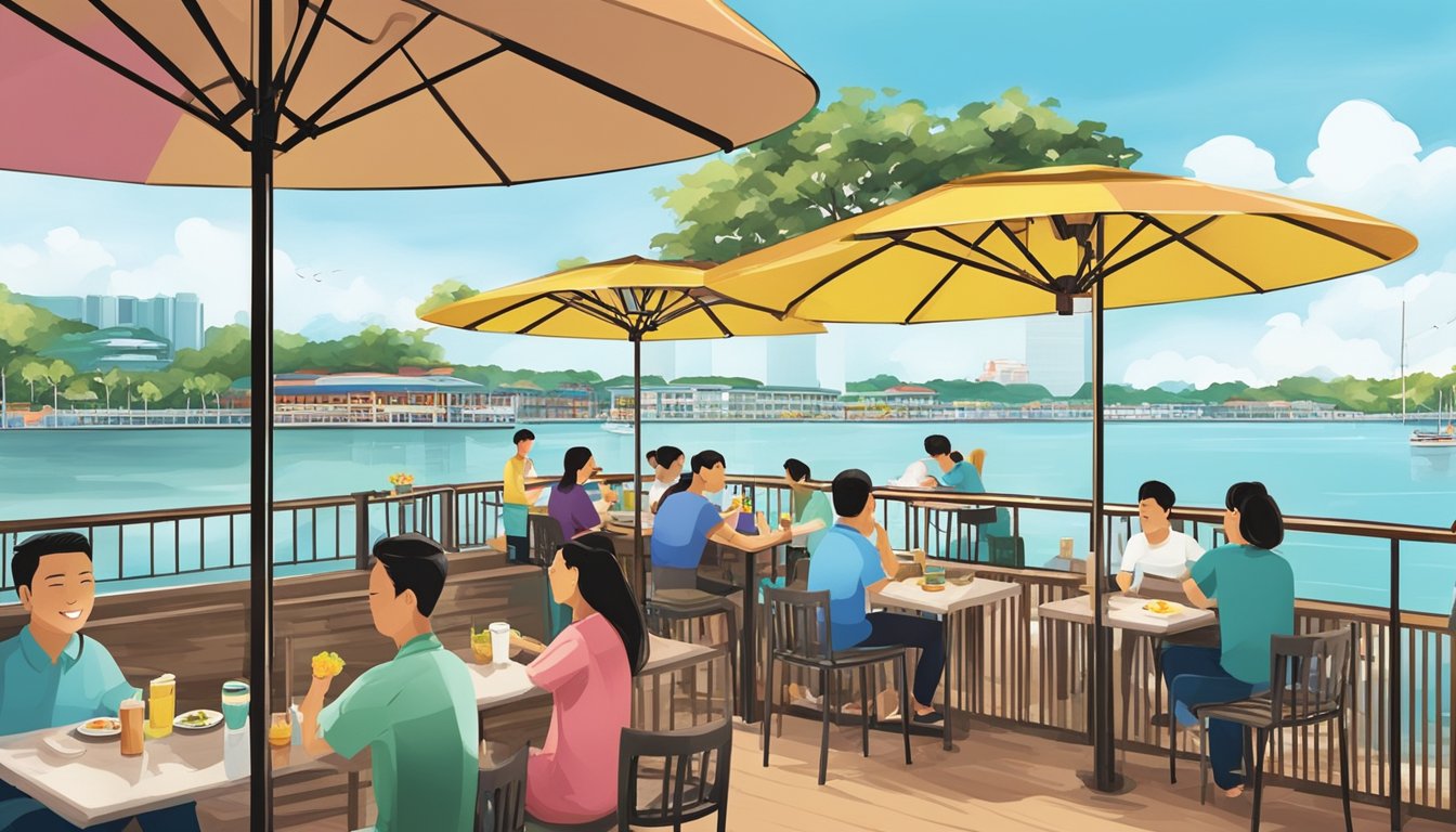 The Bedok Reservoir restaurant bustles with diners enjoying a waterfront view. The outdoor seating area is filled with colorful umbrellas, and the smell of sizzling food fills the air