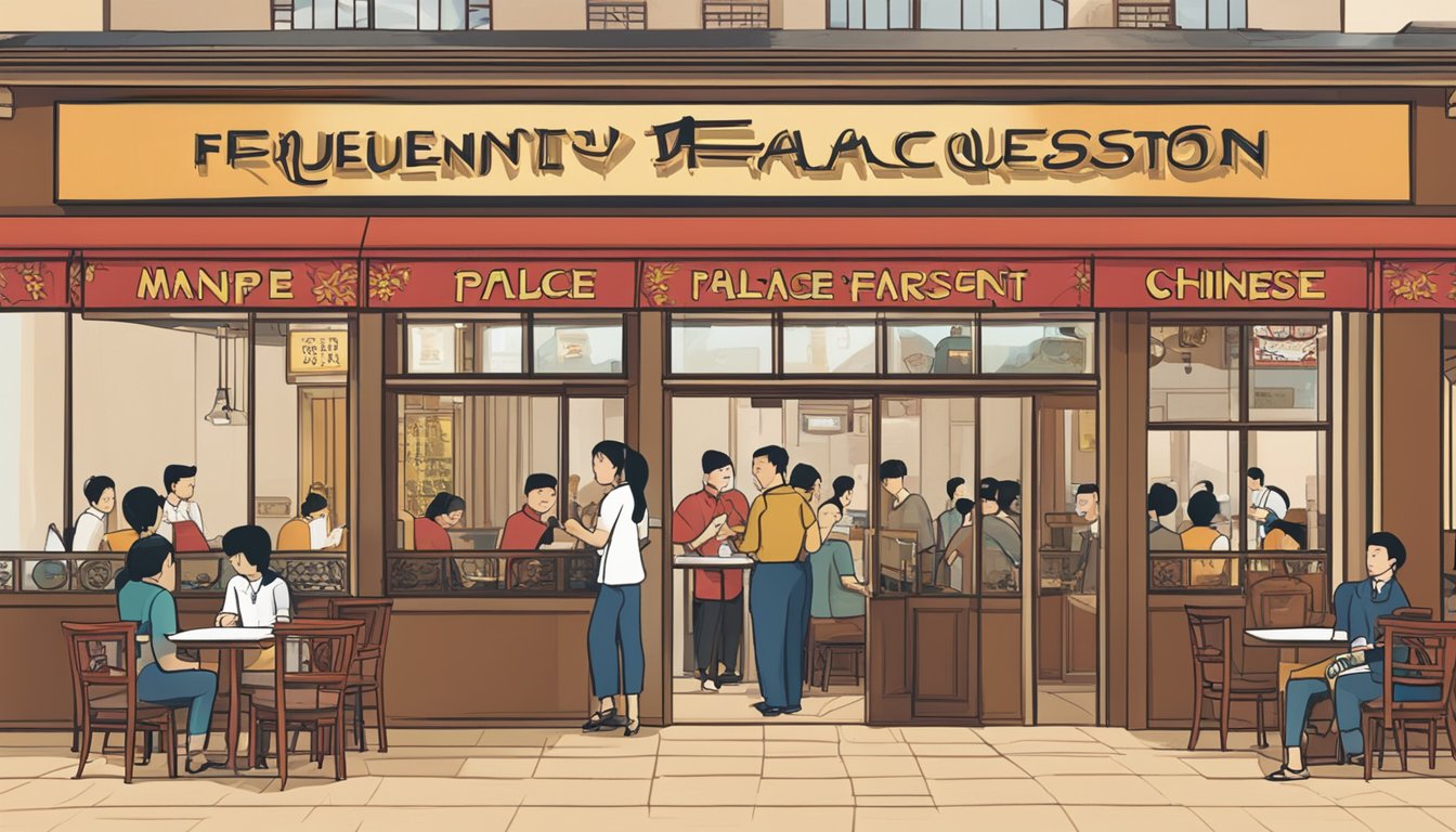 A busy restaurant with a sign reading "Frequently Asked Questions" Maple Palace Chinese Restaurant. Customers entering and exiting, with waitstaff serving tables