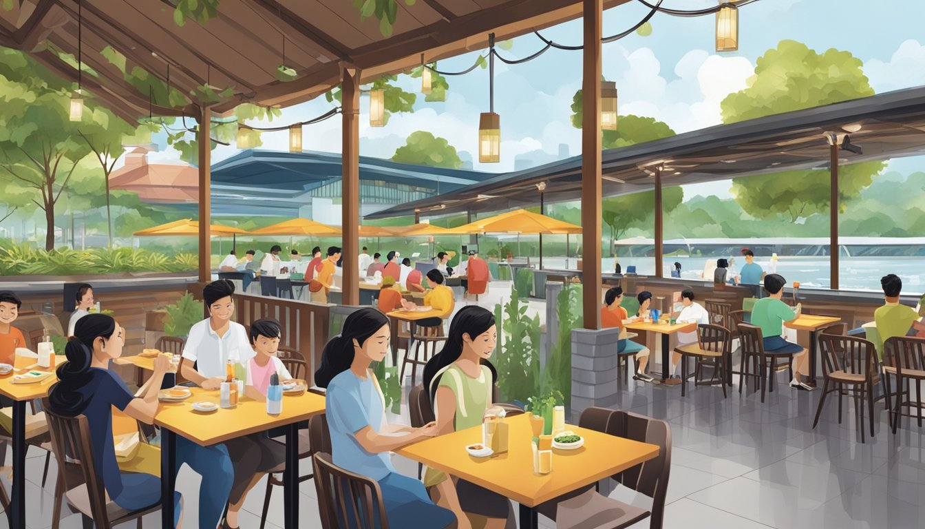 The bustling atmosphere of Bedok Reservoir's restaurants, with a variety of cuisines and vibrant flavors, creates an inviting scene for diners