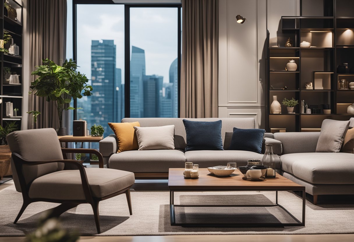 A cozy living room with custom-made furniture in Singapore. A sleek sofa, elegant coffee table, and artisanal shelves fill the space