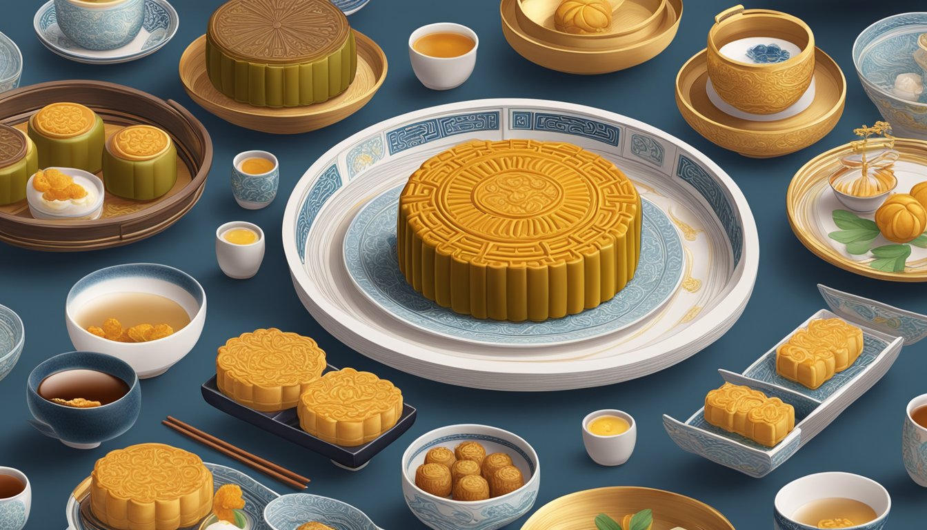 Li Bai restaurant's mooncake displayed with exclusive offerings and collaborations, surrounded by elegant tableware and traditional Chinese decor