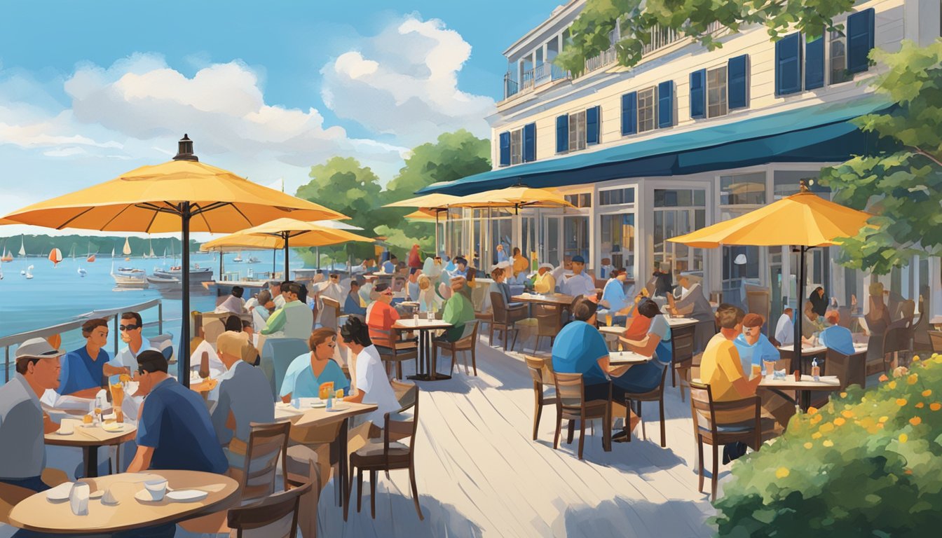 A bustling bayfront restaurant with outdoor seating, overlooking the water. Colorful umbrellas shade the tables as diners enjoy their meals