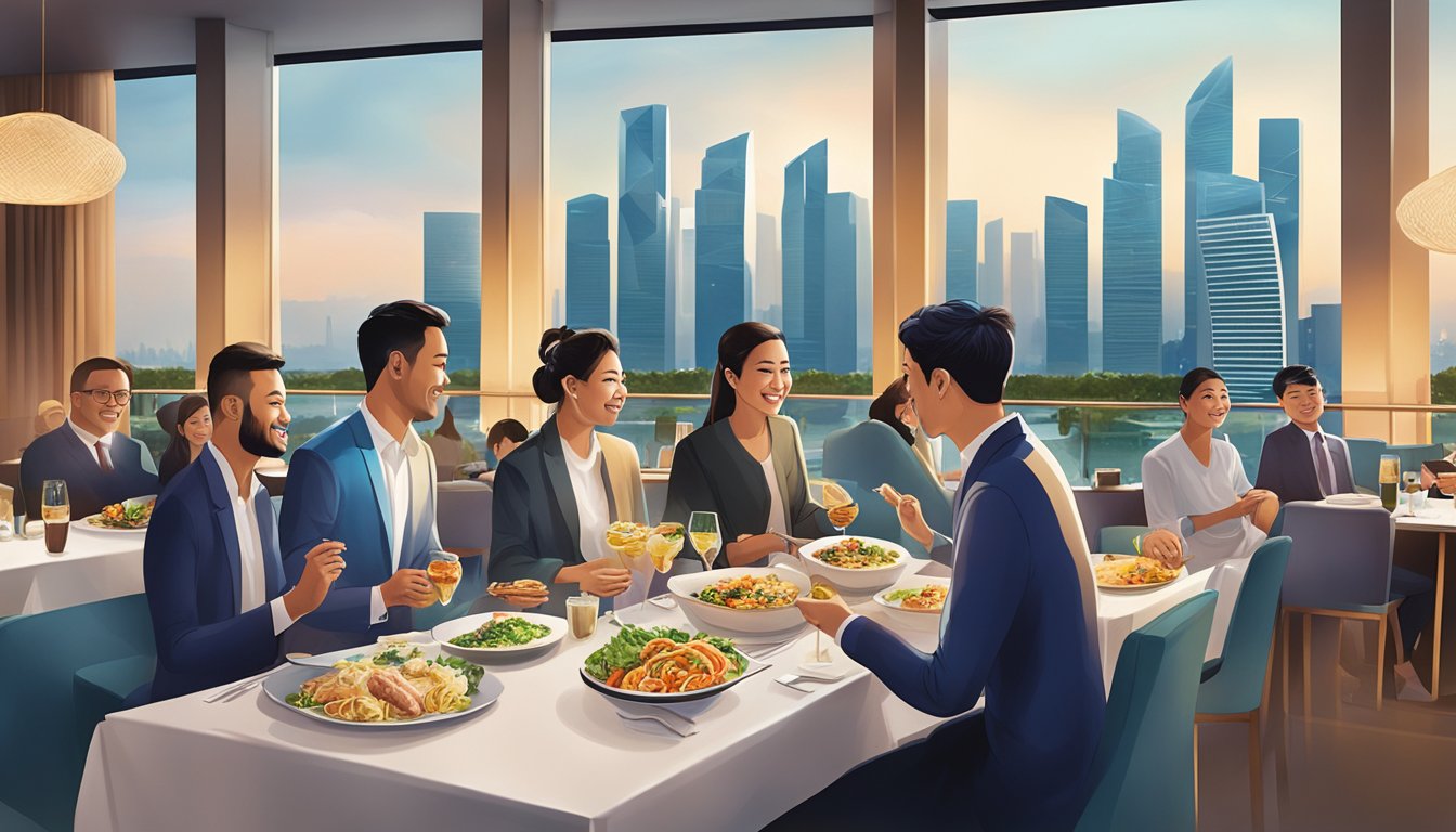 Guests savoring diverse Halal dishes at Marina Bay Sands restaurant, with a stunning view of the city skyline in the background