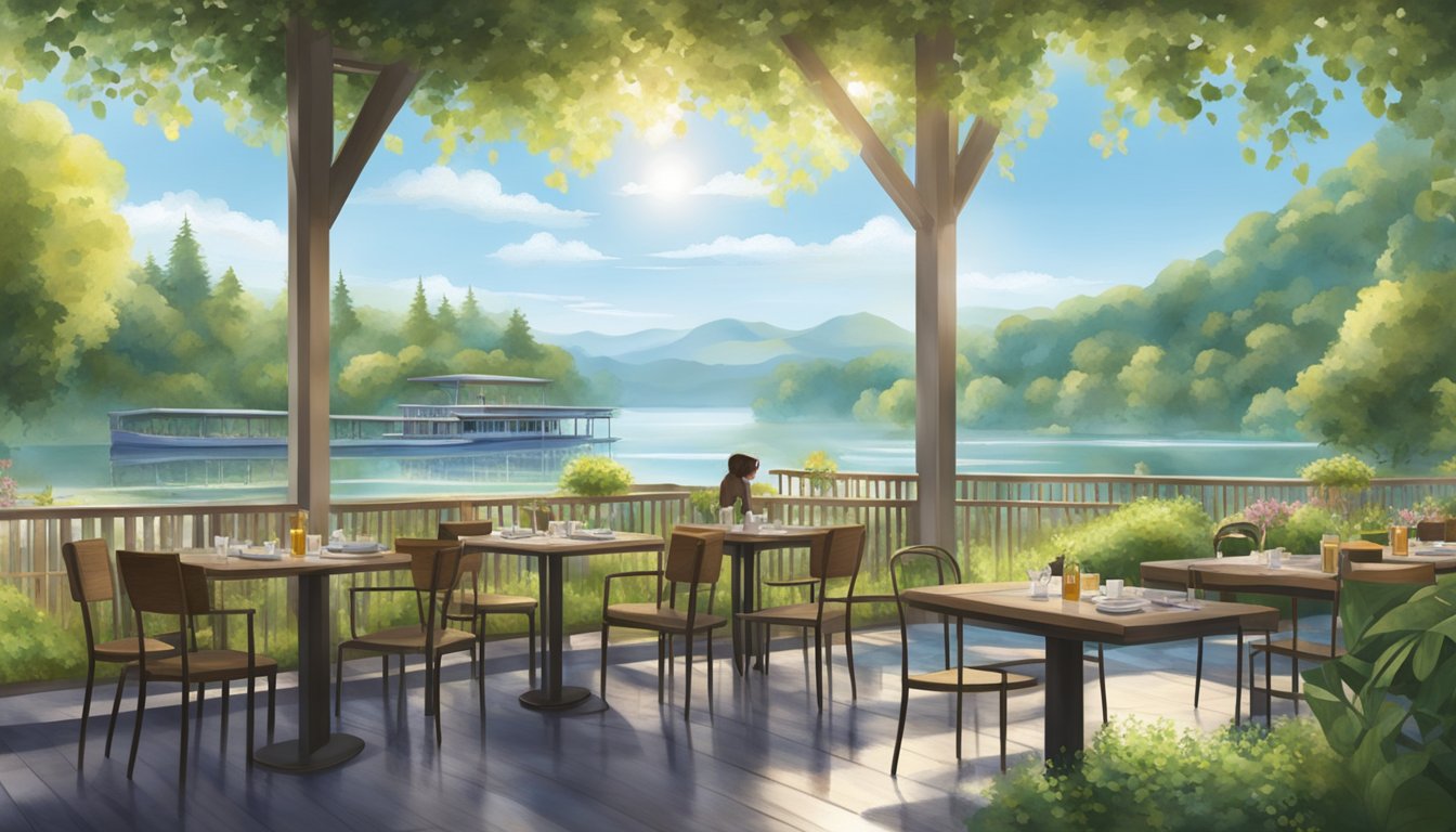 A serene lake surrounded by lush greenery, with a cozy restaurant nestled on the water's edge. Sunlight glistens on the tranquil surface, inviting visitors to enjoy a peaceful dining experience