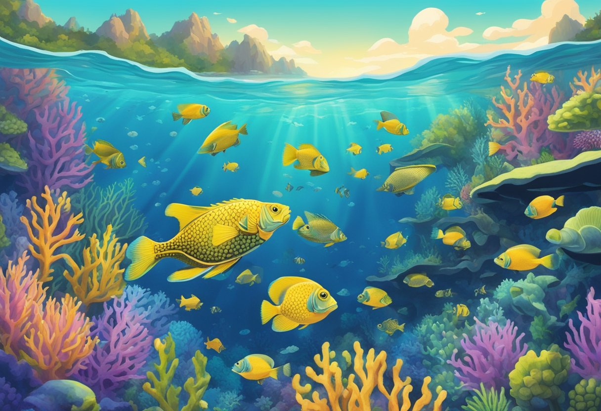 Colorful fish swimming among coral, with seahorses and turtles gliding gracefully through the water
