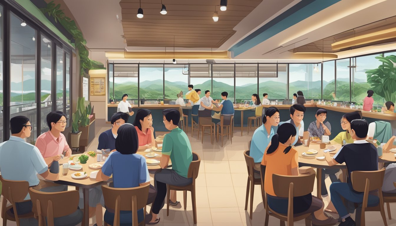 The bustling atmosphere of Bedok Reservoir restaurant with customers asking questions and staff providing answers